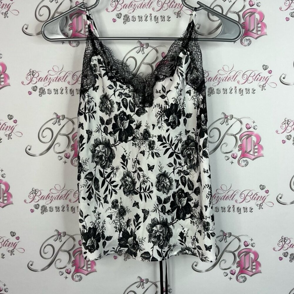 Victoria's Secret tank top lace up ribbon flowers Black and White Floral Cami